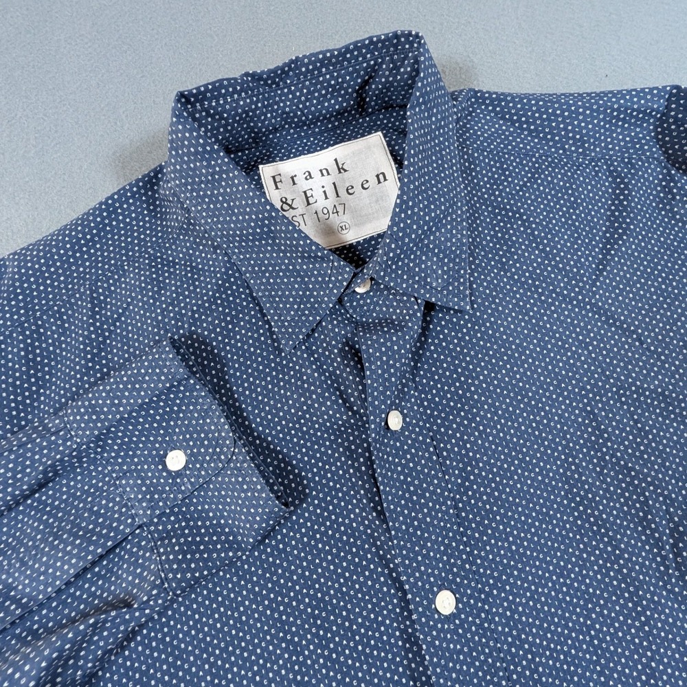 Frank & Eileen Finbar Button Down Shirt Mens XL Blue White Micro Letters Print